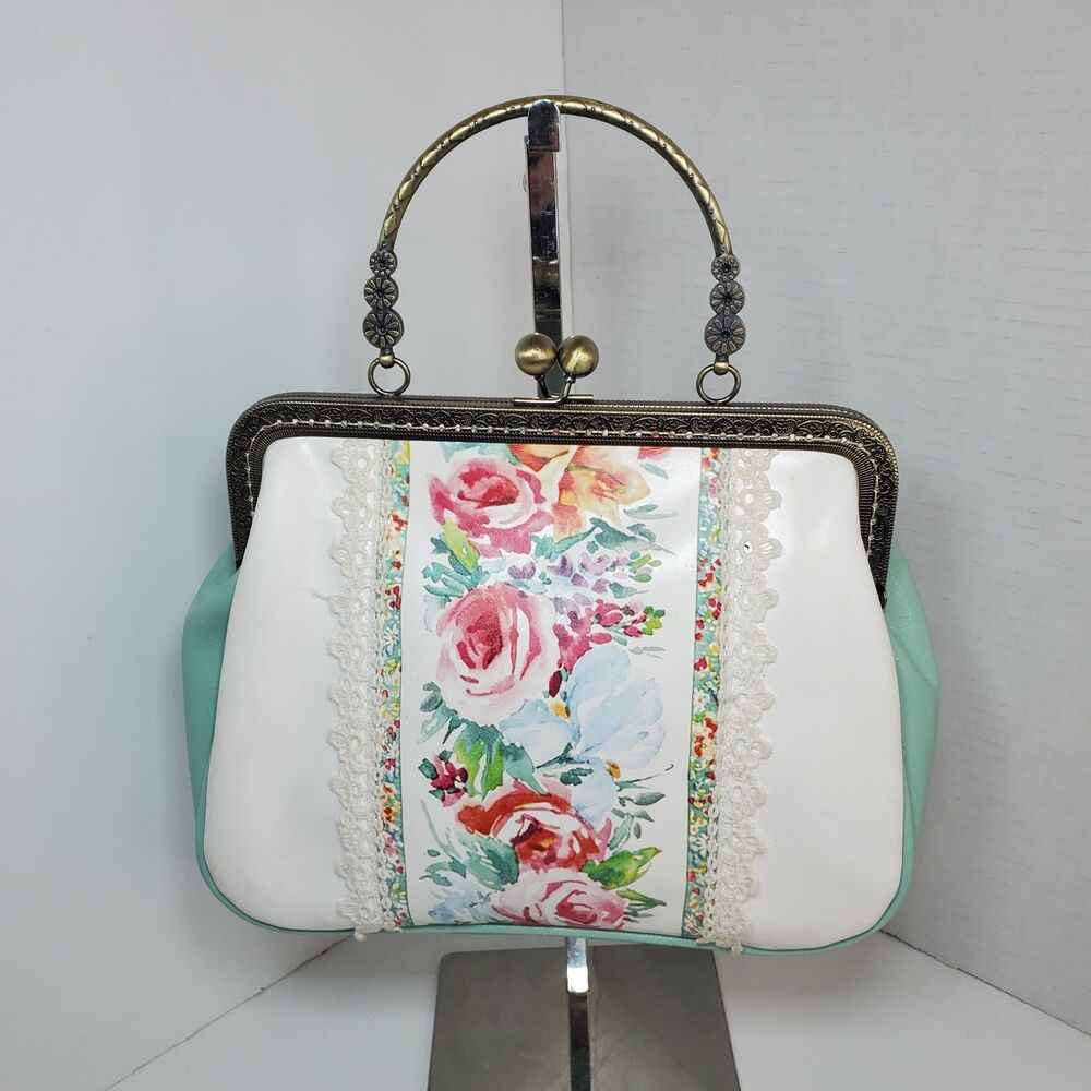 Vtg 60s Kiss Lock Handle Purse Clutch Handbag Kitchy Grandma Cottagecore Floral